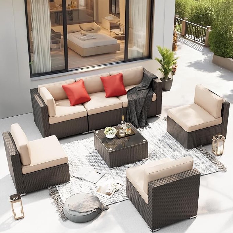 (incomplete just1 box) SUNCROWN 7-Piece Outdoor Sectional Sofa Couch - PE Rattan Wicker Modular Patio Furniture Conversation Set with Washable Cushions and Glass Coffee Table - Brown