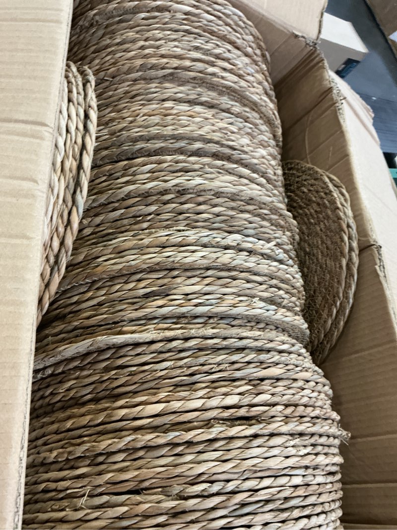 Condition photo showing Good Condition for 100 Pcs Cattail Round Woven Placemats Set, Cattail Placemats with Pearl Napkin Rings Boho Farmhouse Rustic Woven Chargers Natural Mat Bulk for Wedding Party, Dinner Table (13 Inch) 100 13 Inch