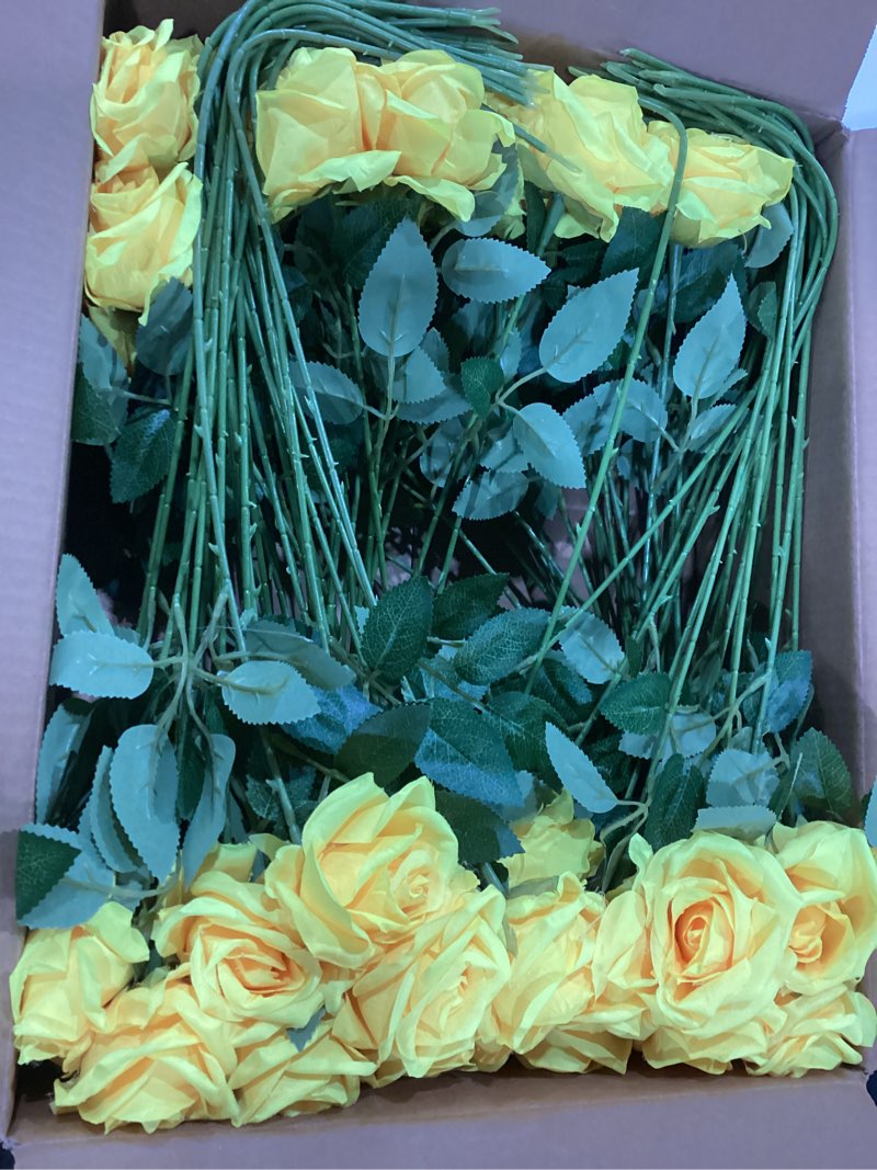 Condition photo showing New/Like New for Hotop 80 Pcs Artificial Rose Flowers Bulk with Long Stem Fake Roses Silk Realistic Bouquet for DIY Wedding Bridal Shower Party Table Centerpieces Home Decorations(Yellow)