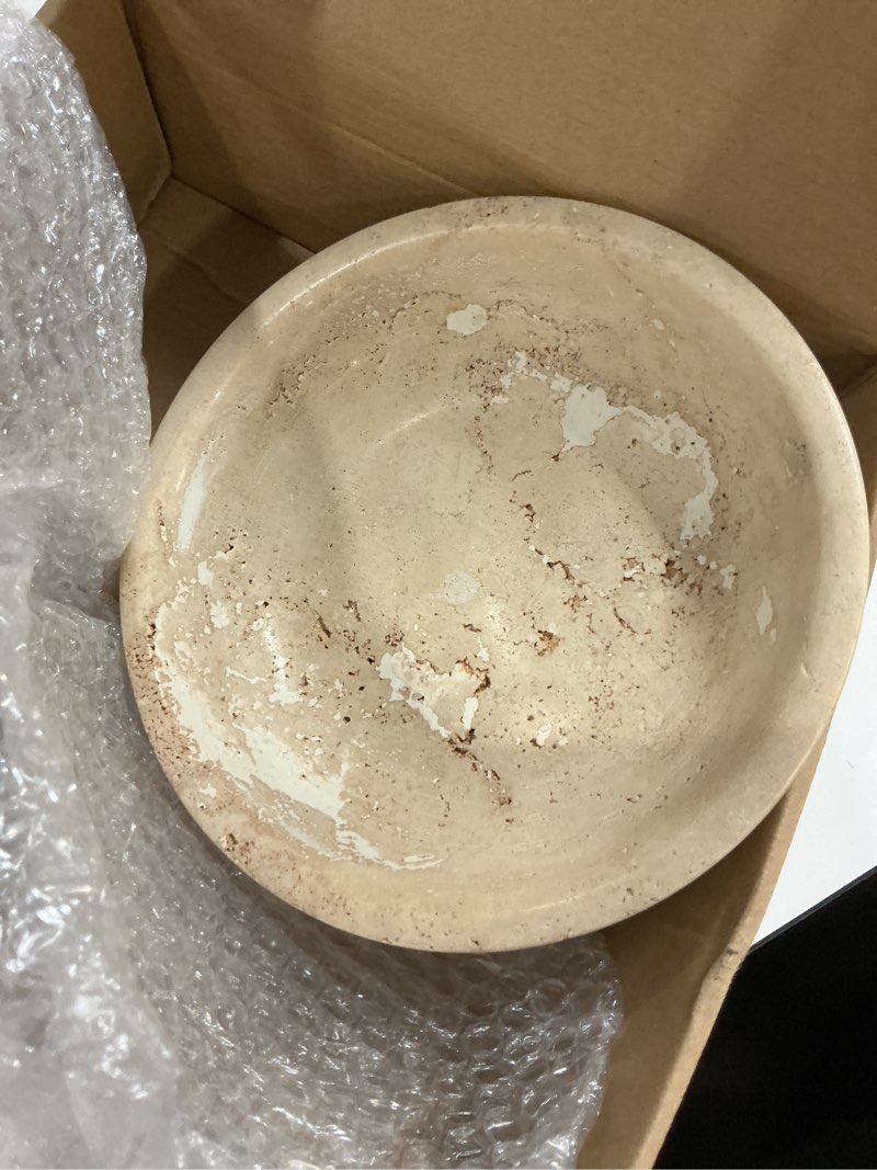 Condition photo showing As Is for natural travertine decorative bowl 7.8", travertine bowl & natural stone centerpiece for coffee table decor, ring tray, for entryway, kitchen fruit bowl, potpourri, dining table centerpiece. 7.8"*1.9"