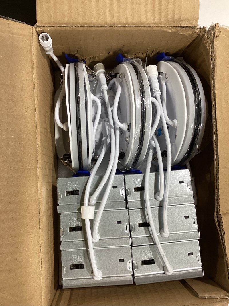Condition photo showing Good Condition for meconard 6 pack 4 inch 5cct led recessed ceiling light with night light, 2700k/3000k/3500k/4000k/5000k selectable ultra-thin lighting, 9w=75w, 750lm, dimmable canless wafer downlight, black trim black 4 inch