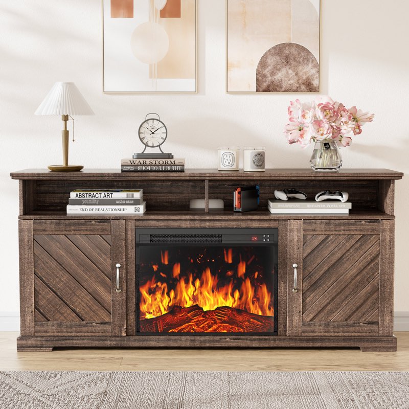 Aillie Fireplace TV Stand for 75" TVs with Electric Fireplace, Farmhouse TV Console & Entertainment Center