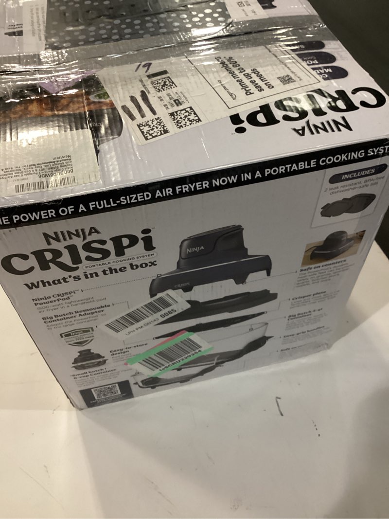 Condition photo showing New/Like New for ninja crispi 4-in-1 glass air fryer | 450°f | non-toxic | 4qt & 6-cup glass containers w/lids | microwave, freezer, dishwasher safe | max crisp, air fry, bake, recrisp | cyberspace gray, fn101gy cyberspace gray 4 qt