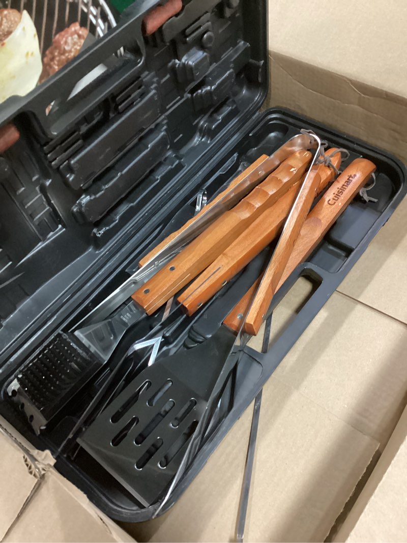 Condition photo showing Good Condition for Cuisinart 13-Piece Wooden Grill Tool Set, BBQ Accessories and Grill Tools, Durable Stainless-Steel Utensils with Recycled Plastic Case, Spatula, Tongs, Cleaning Brush & More, Grilling Gifts for Men