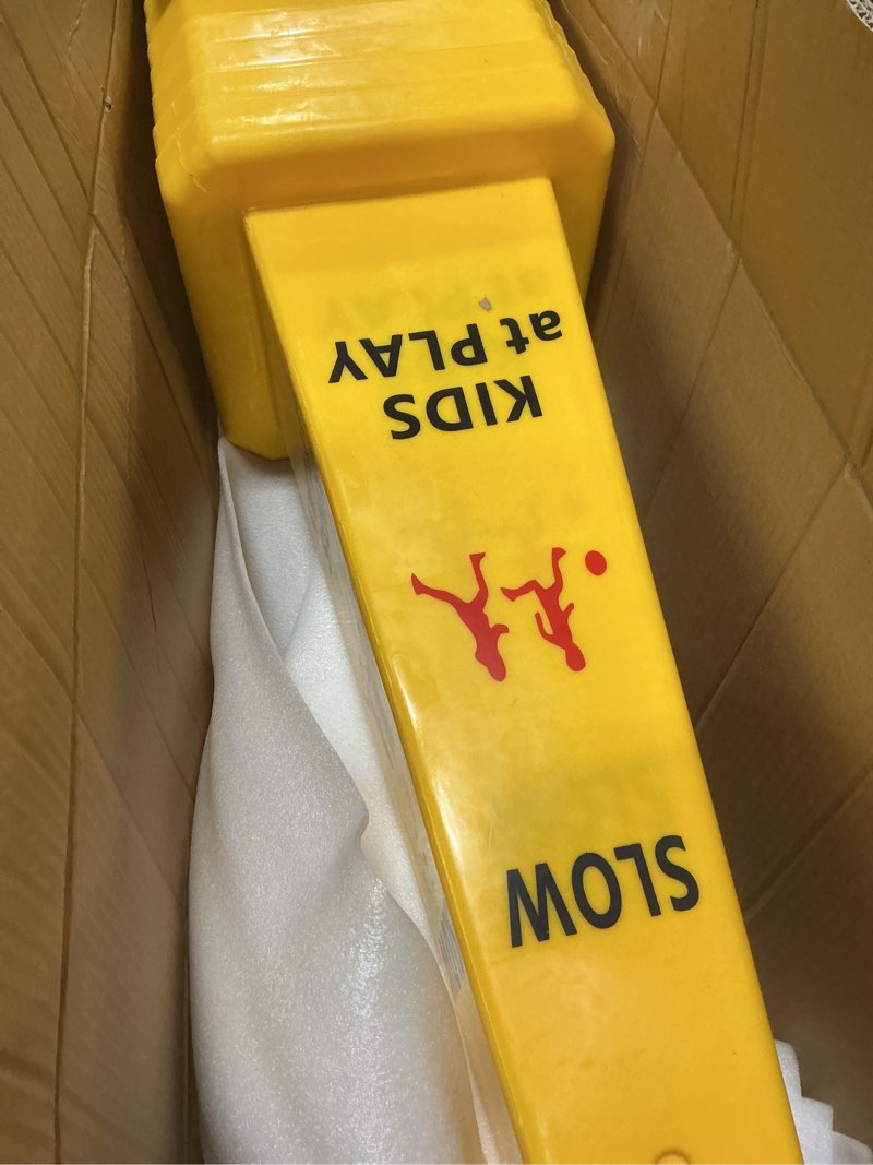 Condition photo showing Good Condition for 10 Pack Slow Down Kids at Play Cones 26.38 Inch Slow Kid at Play Safety Signs for Street Four Side Visibility Floor Standing Yellow Traffic Cone for Lawn, School, Yard, Gymnasium, Playground Kids Playing Sign