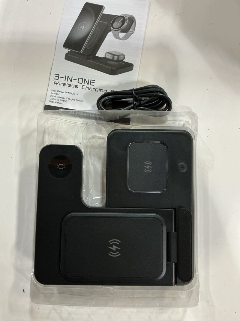 Condition photo showing New/Like New for merkury innovations 3-in-1 wireless charging station for iphone, apple watch, airpods, samsung galaxy phone, watch & buds – foldable, black