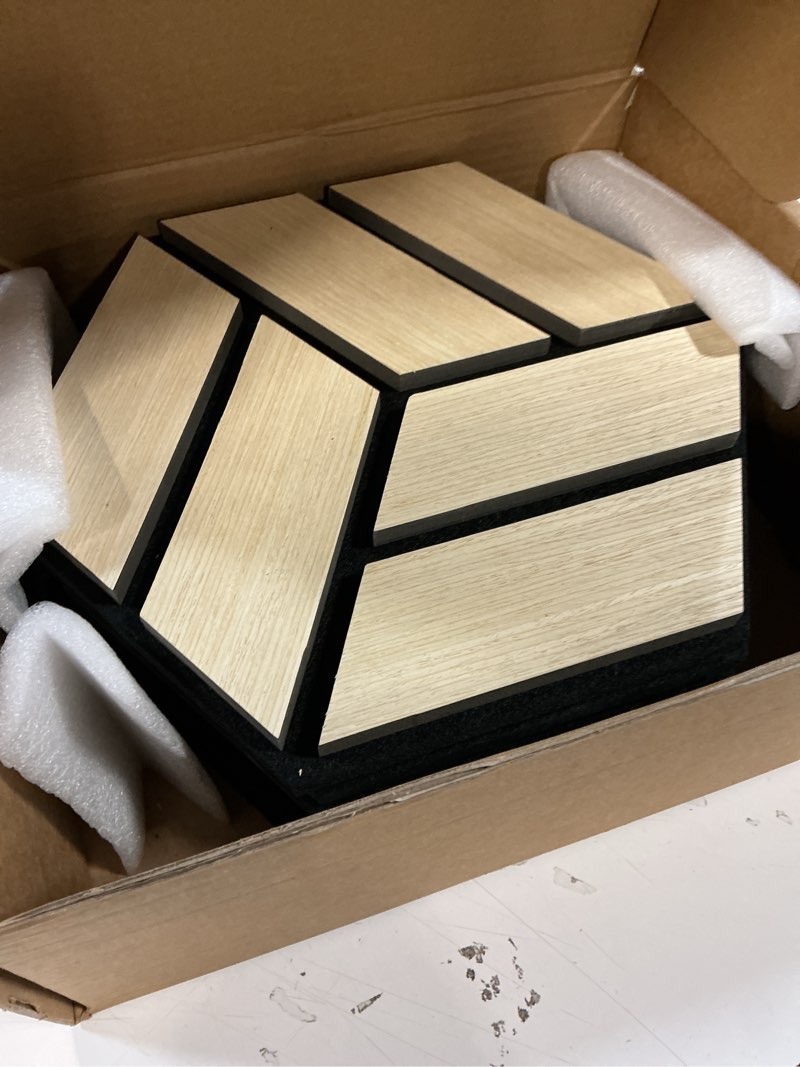 Condition photo showing Good Condition for Urban Decor Hexagon Acoustic Slat Wall Foam Panels for 3D Wood Wall Decor, Cool Room Accessories, Acoustic Dampening, Mens Room Decor, Gaming Areas, TV walls and more (Light Oak)