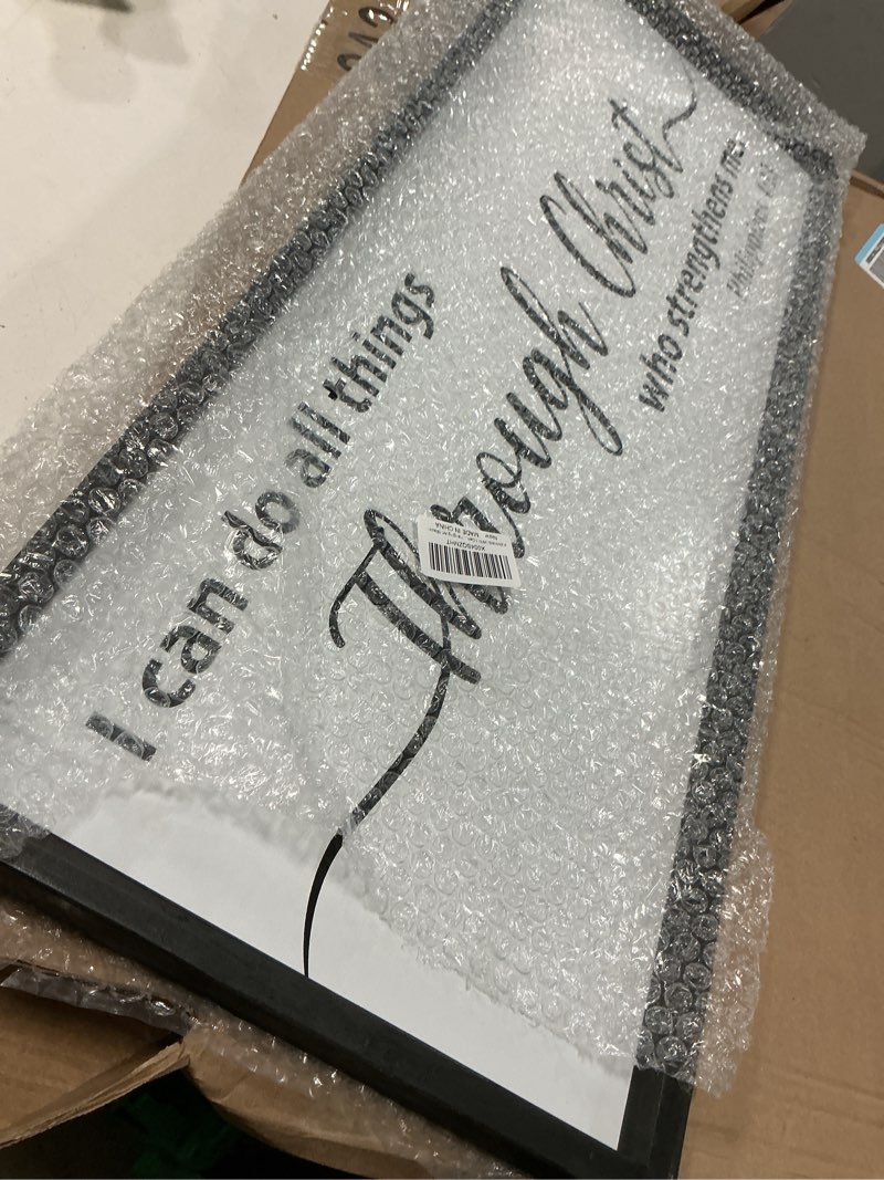 Condition photo showing As Is for FZMHASLWW I Can Do All Things Through Christ Wall Decor 32"X12" Philippians 4:13 Sign Christian Bible Verse Large Wood Framed Wall Hanging Art (Black) 32"L x 12"W I Can Do All Things (Black)