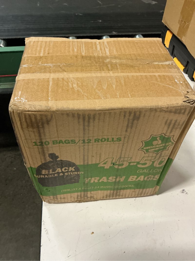 Condition photo showing New/Like New for 45-50 gallon black trash bags 120 count - 38''x47'' large garbage bags unscented, 40+ gallon trash can liners, multipurpose for office, outdoor, yard and commercial 45-50 gal-120