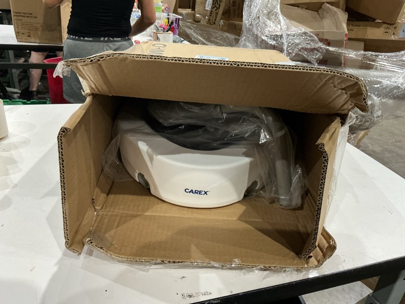 Condition photo showing As Is for carex 3.5 inch raised toilet seat with arms, elongated toilet seat riser, up to 250 lbs capacity, elevating & raising seat for elderly & handicap, universal, slip-resistant with padded handles, white