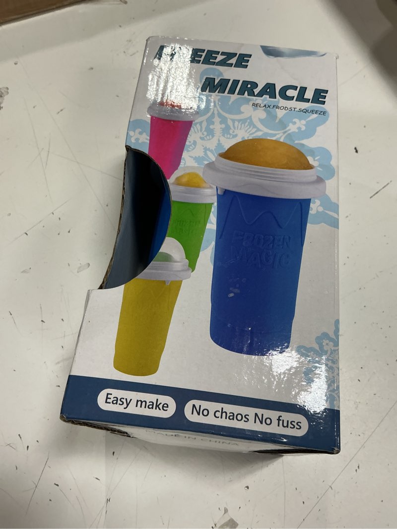 Condition photo showing New/Like New for slushy maker cups, diy magic slushy maker squeeze cups, portable smoothie squeeze cup for juices, milk and ice cream make, double layers silicone slushie cup with straw for friend,gifts for mom dad pink
