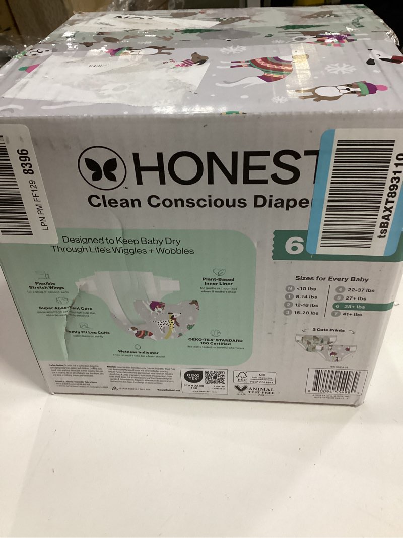 Condition photo showing New/Like New for The Honest Company Clean Conscious Diapers for Delicate Skin | Up to 100% Leakproof | Hypoallergenic, Fragrance Free | Winter '25 Limited Edition Prints | Club Box, Size 6 (35+ lbs), 40 Count Size 6 (40 Count) Adorably A-moosing + Winterwear Wags