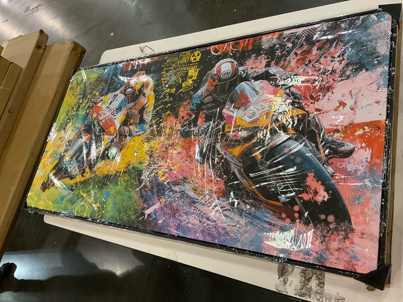 JEAWA Framed Canvas Wall Art - 24x48 In Large Abstract Painting Decor, Motorcycle Racing Color Graff