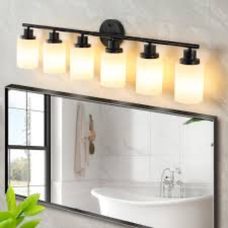 Modern 6-light Vanity Bathroom Mirror Light, Frosted White Glass With Black Iron Frame, Contemporary Wall Sconce For Bedroom, Bathroom, And Dressing Room (no Bulbs Included)