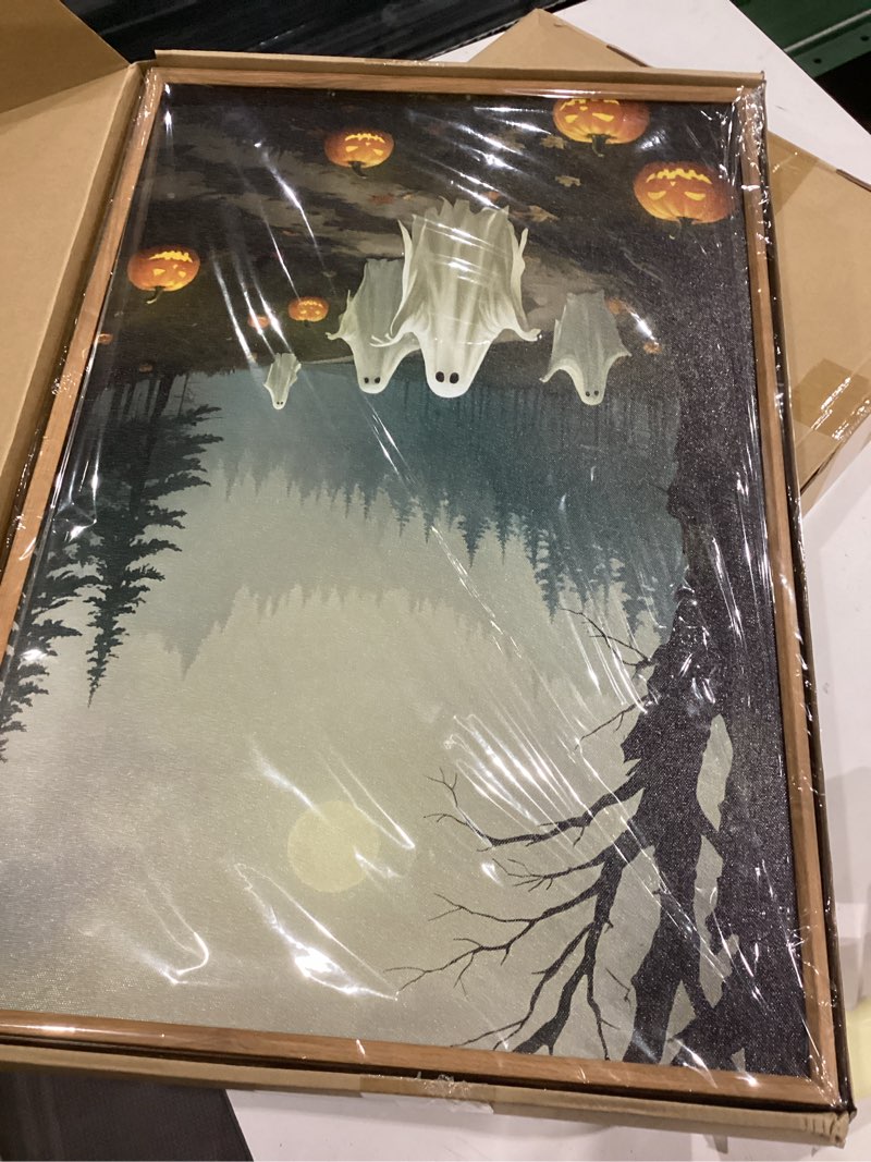 DRACIT Spooky Halloween Ghost Lighted Pumpkin Framed Canvas Wall Art Set,Gothic Inspired Cute Black 