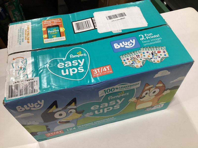 Condition photo showing New/Like New for Pampers Training Pants - Easy Ups Boys & Girls Bluey - Size 3T-4T, 124 Count, Children's Potty Underwear (Packaging May Vary) 3T-4T 124