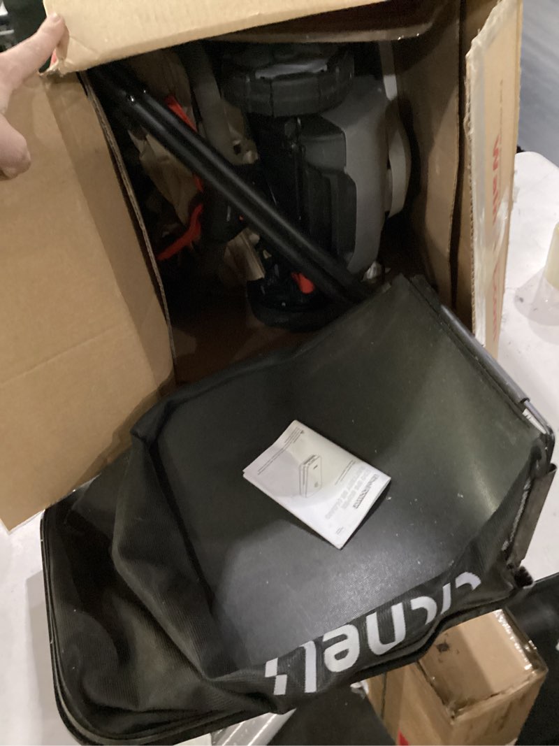 Condition photo showing As Is for litheli 14 inch cordless lawn mower, brushless battery powered push mower with 5.0ah battery, 5-position height, 8-gallon bag, lightweight grass cutter for small to mid-sized yards gray