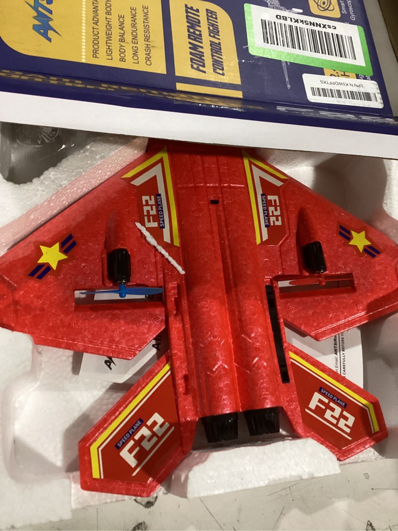 Condition photo showing As Is for antsir remote control plane f-22 raptor, 2.4ghz durable foam rc airplane with smart gyro/led lights/3 rechargeable batteries, rc jet glider toy gift for kids boys girls 8-16 year old (red) red f22-3 batteries