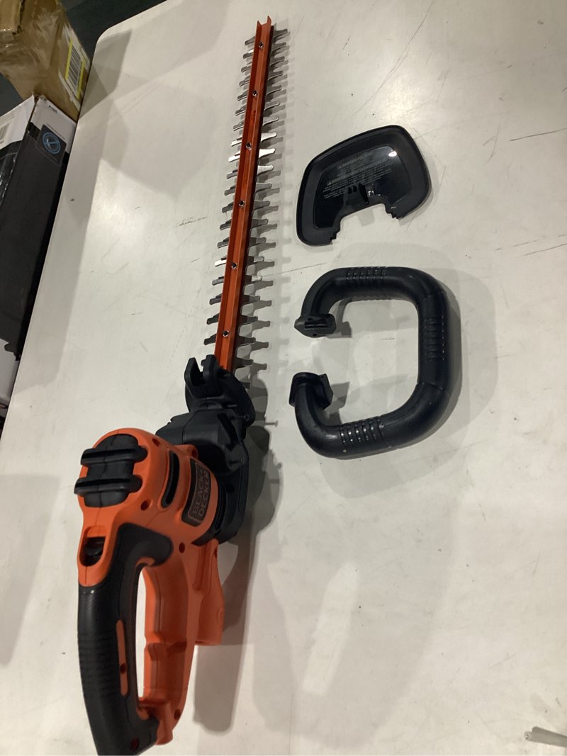 Condition photo showing As Is for black+decker 22" electric hedge trimmer, lightweight 4.0 amp corded dual action shrub trimmer, full wraparound handle, high output low vibration (beht350ff)