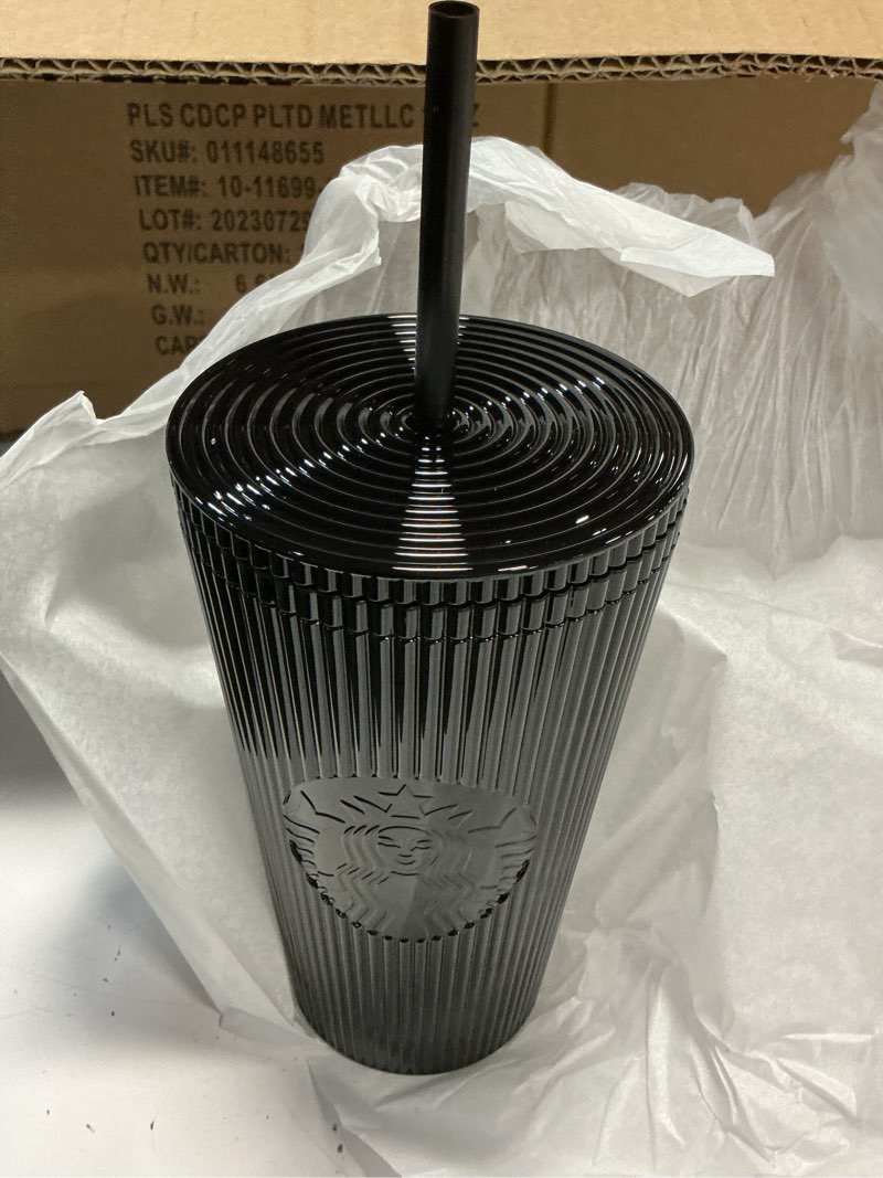 Condition photo showing New/Like New for starbucks shiny black pleated cup winter 2024 16oz cold cup