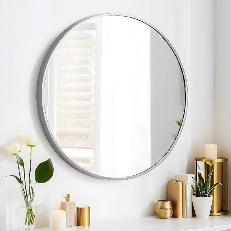 20\" Round Mirror Circle Wall Mounted Hanging or Against Wall Metal Frame Dressing Make-up Mirrors for Entryway Bedroom Bathroom Living Room 20 inch Silver
