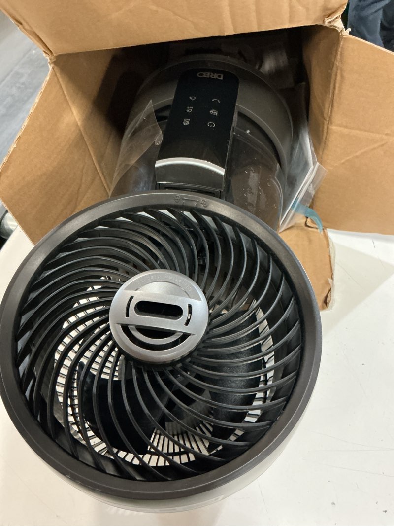 Condition photo showing As Is for dreo turbocool misting fan 516, 5? drop cooling fans that blow cold air, 150°+30° omni-directional oscillating, evaporative air cooler, 26 ft/s wind, ultrafine mist, 20db quiet, 6 speeds 2 modes, grey