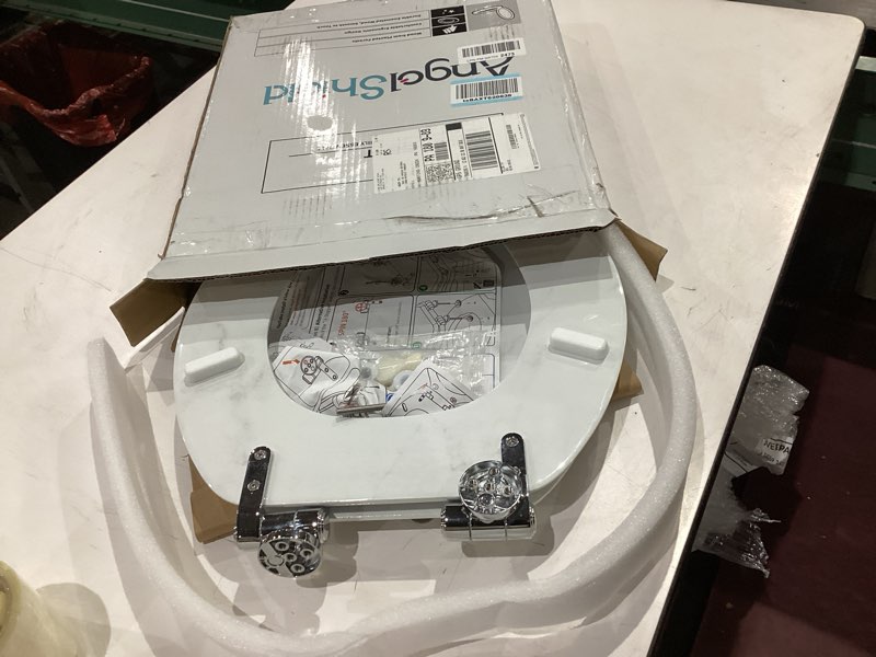 Condition photo showing As Is for angel shield marble toilet seat durable molded wood with quiet close,easy clean?quick-release hinges (round,white marble) round-16.5“ white marble-round