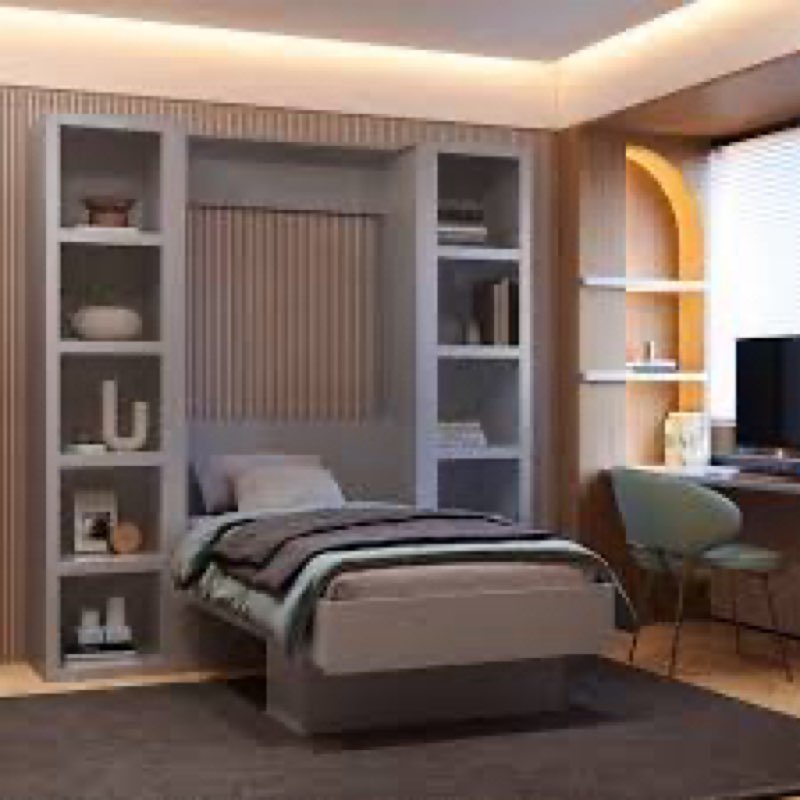 Easy-Lift Queen Murphy Wall Bed in Grey with Two Bookshelves