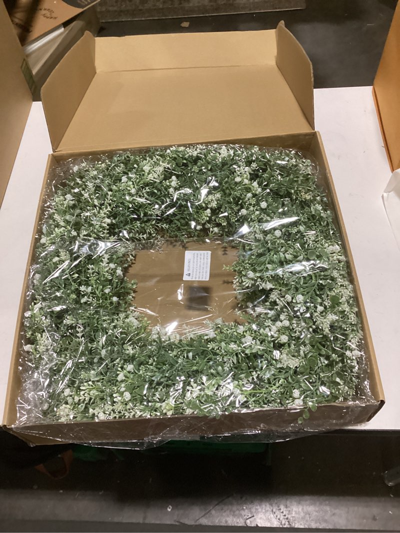 Condition photo showing Good Condition for 32'' Large Eucalyptus Wreath for Front Door, Porch- Artificial Eucalyptus and Lavender with Babys Breath Flowers Wreath for Home, Farmhouse Wall Decor- Spring, Summer, Fall, All Seasons (White-Green) 32"