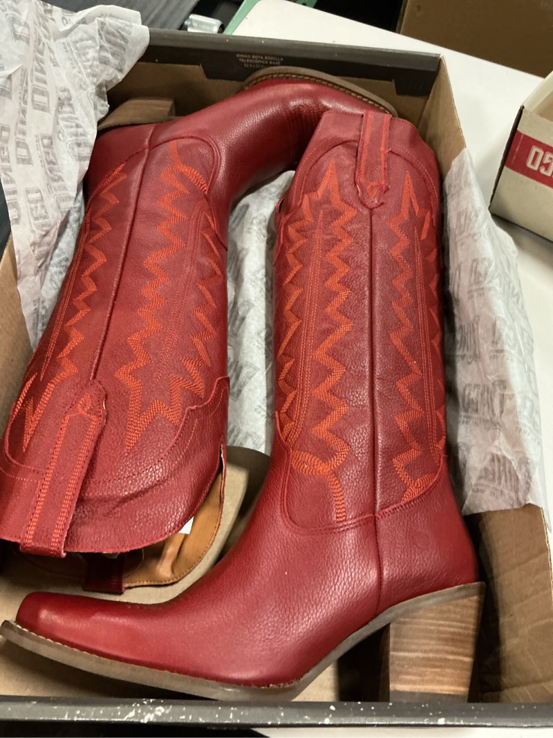 Condition photo showing New/Like New for dingo womens high cotton embroidery snip toe casual boots knee high mid heel 2-3" 9 red