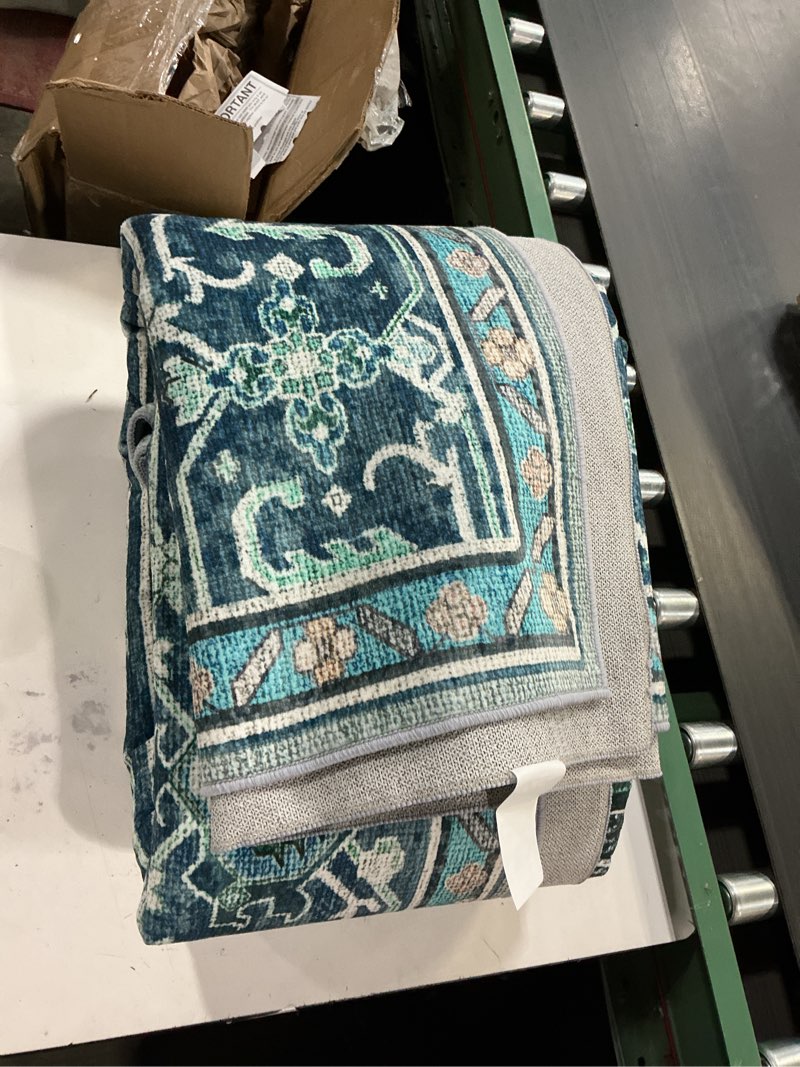 Condition photo showing Good Condition for Area Rugs 5'x7' Washable Non-Slip, Floral Vintage Distress Print Pattern Medallion Carpet for Living Room Bedroom Dining Room, Teal Green Lake Blue Turquoise Teal 5' x 7' (Rectangular)