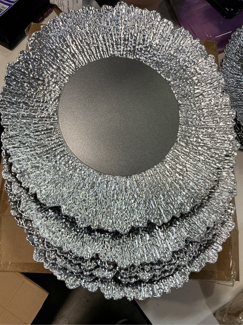 Condition photo showing New/Like New for coloch set of 8 plastic charger plates, 13\\\" reusable reef serving chargers for dinner plate round shiny decorative charger plate for wedding, catering, parties, restaurant, home dinner use (silver)