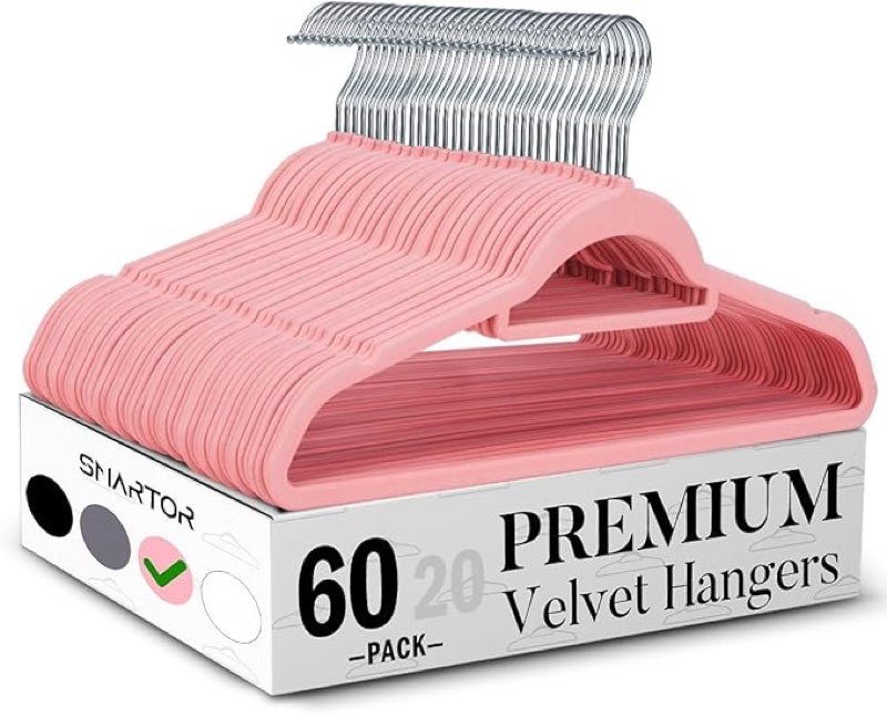 Smartor Pink Velvet Hangers 60 Pack, Space Saving Clothes Hangers with Tie Bar, Non-Slip Felt Hangers with Shoulder Notches, Heavy Duty Suit Hangers for Coat, Shirt, Pants, Dress