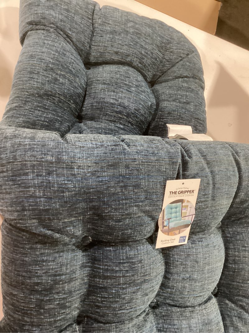 Condition photo showing Good Condition for The Gripper Twill Jumbo XL Non-Slip Rocking Chair Cushion Set with Thick Padding, Includes Seat Pad & Back Pillow with Ties for Indoor Living Room Rocker, 17x17 Inches, 2 Piece Set, Sapphire Chenille Saphire Blue 2 Piece Set