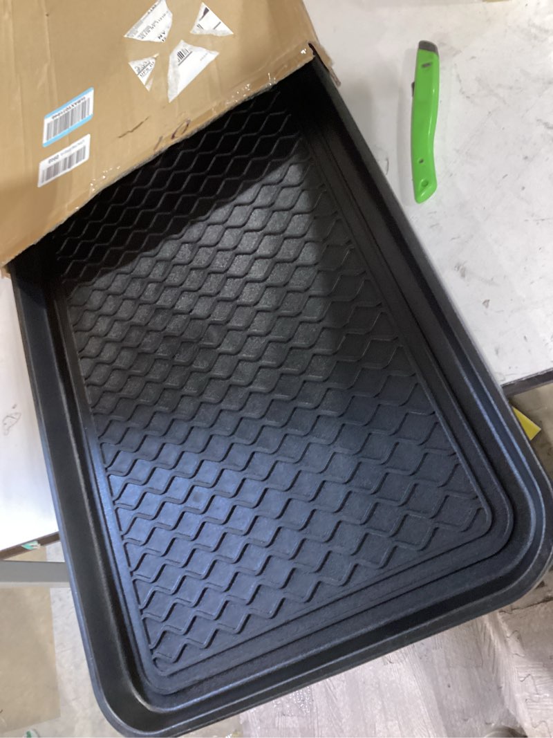 Condition photo showing As Is for stalwart all-weather boot tray, indoor outdoor doormat for all seasons, 2 pk medium, black black 2