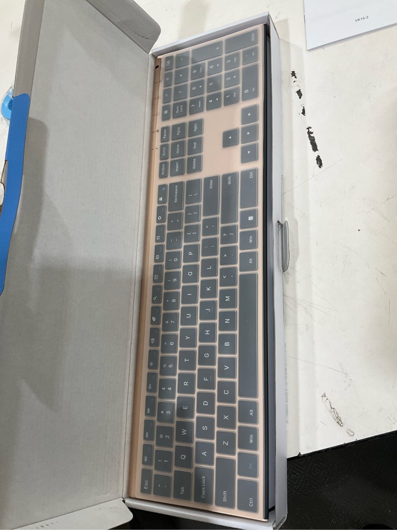 Condition photo showing New/Like New for wireless keyboard and mouse, vssoplor 2.4ghz rechargeable compact quiet full-size keyboard and mouse combo with nano usb receiver for windows, laptop, pc, notebook-black gold black and gold
