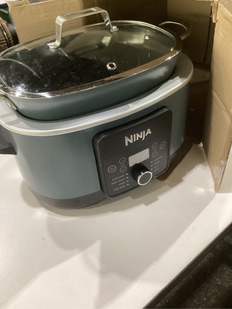 Condition photo showing As Is for ninja mc1001 foodi possiblecooker pro 8.5 quart multi-cooker, with 8-in-1 slow cooker, dutch oven, steamer, glass lid integrated spoon, nonstick, oven safe pot to 500°f, sea salt gray, not tested