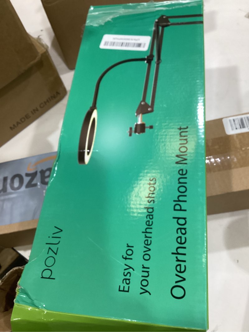 Condition photo showing New/Like New for overhead camera mount with ring light, flexible articulating phone arm stand compatible with iphone, logitech webcam, desk tripod for youtube live stream cooking nail video recording black