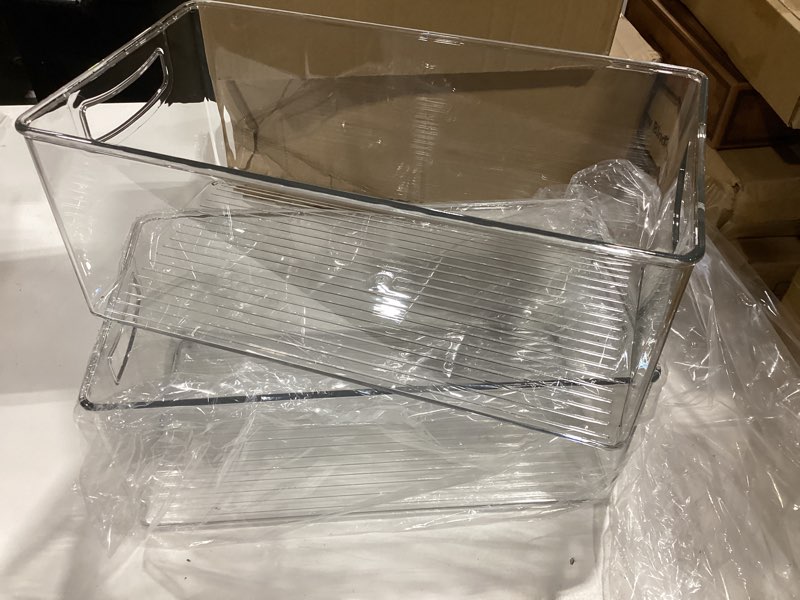 Condition photo showing Good Condition for heyuzb 2 pack clear freezer organizer bins stackable storage bins with side handles for kitchen pantry cabinet organzation and storage