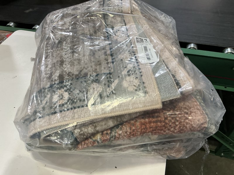 Condition photo showing Good Condition for area rugs 8'x10' washable non-slip, floral vintage distress print pattern medallion carpet for living room bedroom dining room, brick red rust neutral brown burnt orange green brick/brown/green 8' x 10' (rectangular)