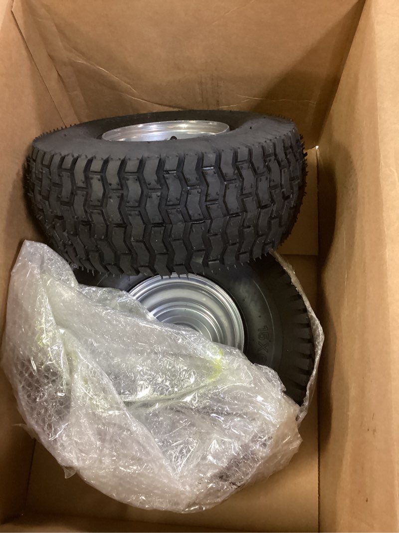 Condition photo showing Good Condition for 15x6.00-6 lawn mower tire and wheel, 570lbs capability, compatible with j ohn dee re, c ub cad et, c raftsman, h usqvarna riding tractors and mowers, 3/4" bushing, 3" centered hub, 2 pack 15x6.00-6_pneumatic_2 pc