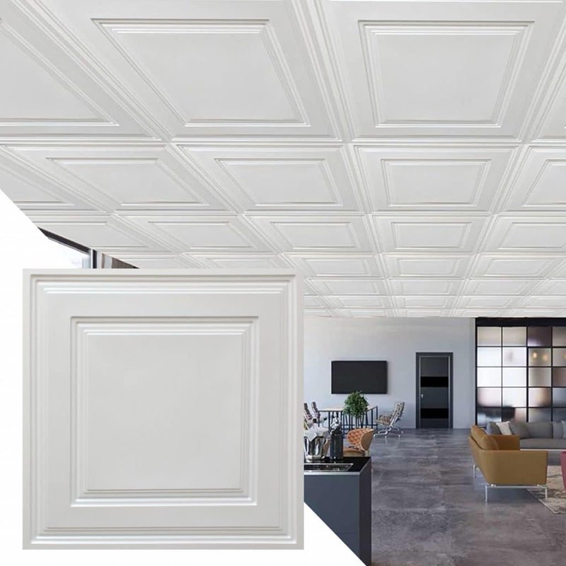 Modern Traditional Pearl White Lay In, PVC 3D Decorative Ceiling Panel, 2 ft X 2 ft (60cm X 60cm), 4 sq ft (0.37 sq m) each – Single