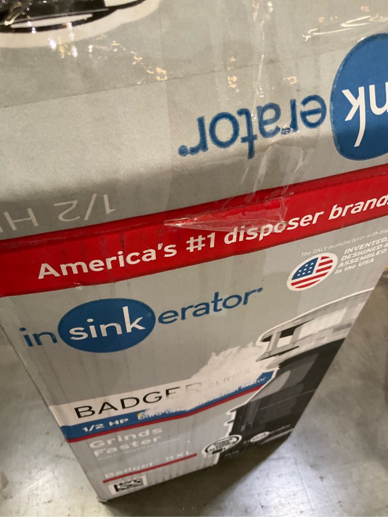 Condition photo showing As Is for insinkerator badger 5, 1/2 hp continuous feed kitchen garbage disposal, badger series