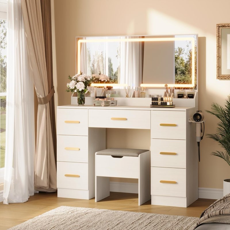 Only 1 box, incomplete. Qeetex Vanity Desk with Large Mirror and Lights 45.9 inch Makeup 