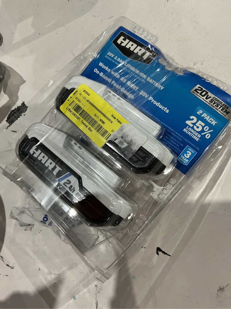 Condition photo showing As Is for hart 2-pack 20-volt 2.0ah lithium-ion batteries (charger not included)