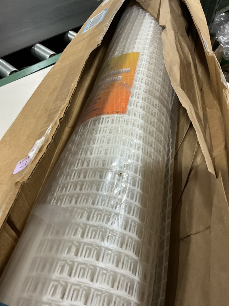 Condition photo showing Good Condition for potatolife plastic hardware mesh netting, garden netting, temporary fence, tree guards, safety net for balcony, deck, stair railing, animal barrier, poultry, deer, with 50 zip ties, 4' x 50', white 4' x 50' white