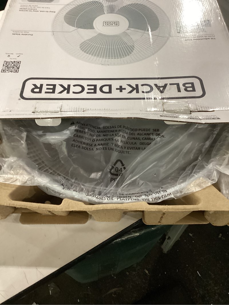 Condition photo showing Good Condition for black+decker 16" wall mount fan with remote control, oscillating with 3 speed settings and shut off timer, adjustable tilt angle, white wall fan white