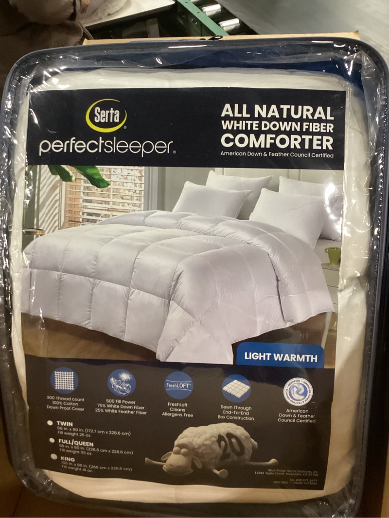 Condition photo showing Good Condition for serta down fiber comforter king size-lightweight duvet insert, luxury fluffy bed comforter 100% cotton 300 thread count shell, down feather fiber 500 fill power with corner taps, white 106x90inch king light warmth