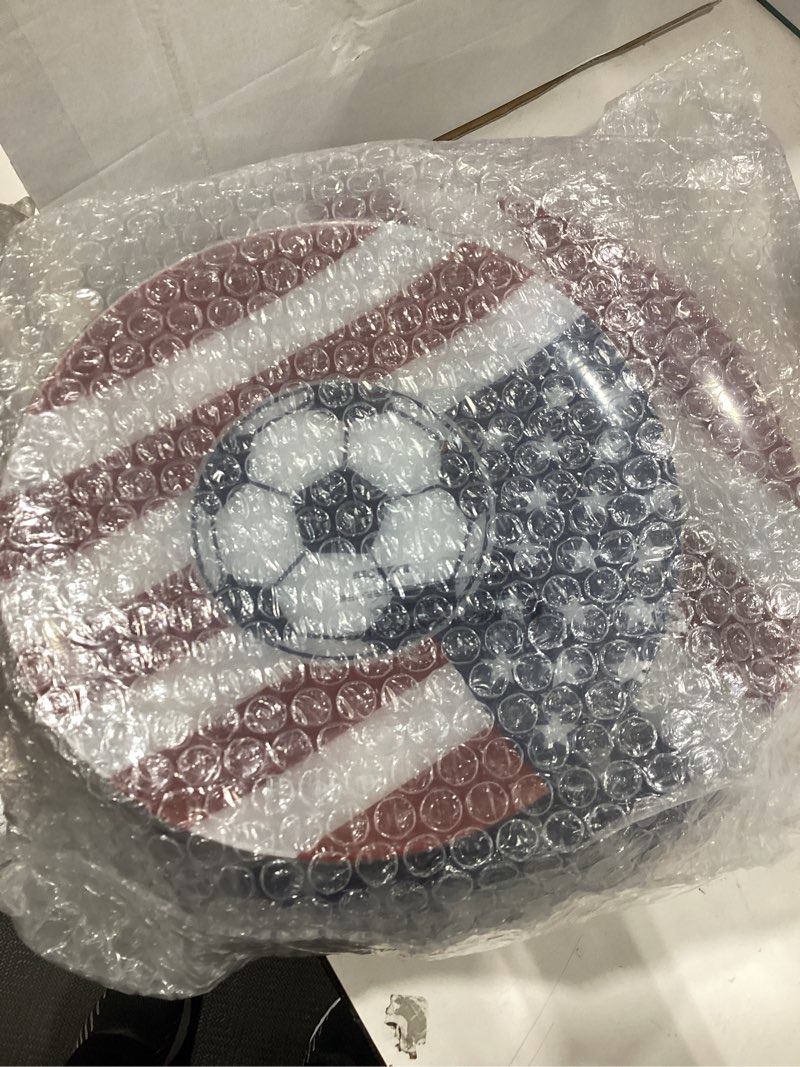 Condition photo showing New/Like New for ejonirinjonir 60pcs heavy duty soccer plates for soccer party decorations | red white and blue patriotic plastic plates for soccer party decorations. includes 30 dinner and 30 dessert football plates. red and blue plastic plates