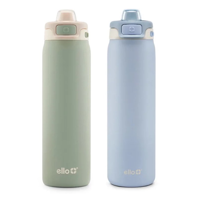 (Pistachio/Dark Blue ) Ello Pop & Fill 22oz. 2-Pack Stainless Steel Water Bottle with Leak Proof Locking Lid, Pistachio/Dark Blue